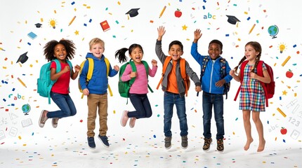 Fototapeta premium Happy children jumping with backpacks and graduation caps.