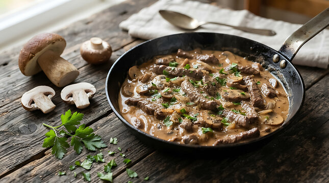 Beef stroganoff with mushrooms and creamy sauce in a cast iron skillet on a rustic wooden table with fresh whole mushrooms and parsley sprigs