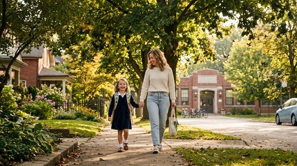 Obraz premium Mother and daughter walking on a tree lined suburban street.