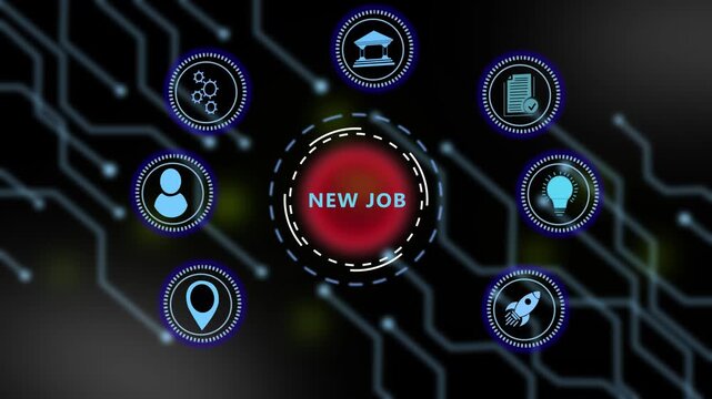 Dynamic digital interface featuring new job career opportunity concept with animated recruitment strategy and modern corporate technology for human resources presentations