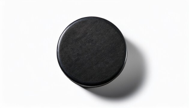 top view of a black hockey puck isolated on white background