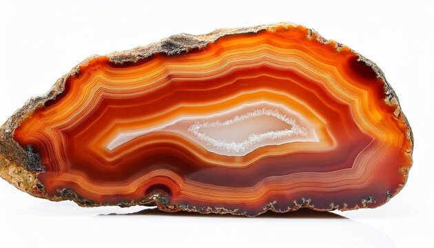 polished orange agate geode slice isolated on white background