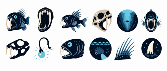 Collection of deep sea creature illustrations in circular frames. © zenbow_studio
