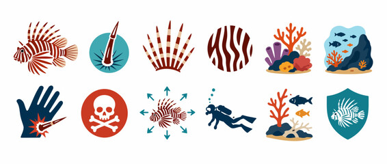 Colorful underwater sea life and diving icons set. © zenbow_studio