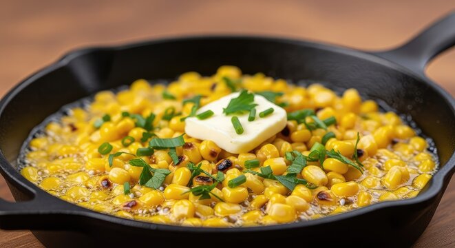 Golden yellow corn kernels sizzle inside a rustic cast iron skillet with melted butter and fresh herbs for a delicious home-cooked side, homemade, vegetable, background