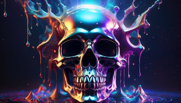 liquid space skull dripping black void reflective cosmic skull with silver starlight surreal liquid skull in multicolored cosmic void