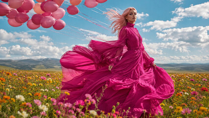 Fototapeta premium Dynamic fashion portrait of a woman in a flowing pink couture gown among wildflowers and balloons under a blue sky. Ideal for editorials, luxury campaigns, posters and festive advertising.
