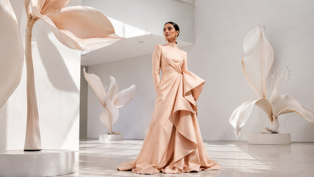 Elegant fashion portrait of a woman in a flowing peach gown surrounded by oversized abstract flowers in a modern studio. Ideal for editorials, luxury campaigns, bridal branding and creative advertisin