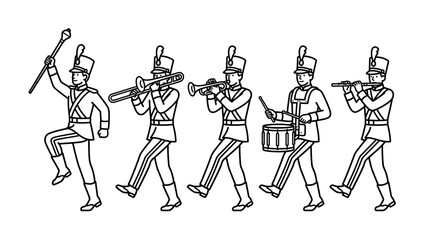 Professional Black and White Line Drawing of Marching Band Members with Instruments and Baton with high quality professional line art symbols for modern creative design and digital branding projects © WAHYU