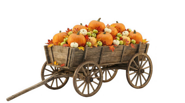Wooden wagon filled with pumpkins and green apples, isolated on transparent background