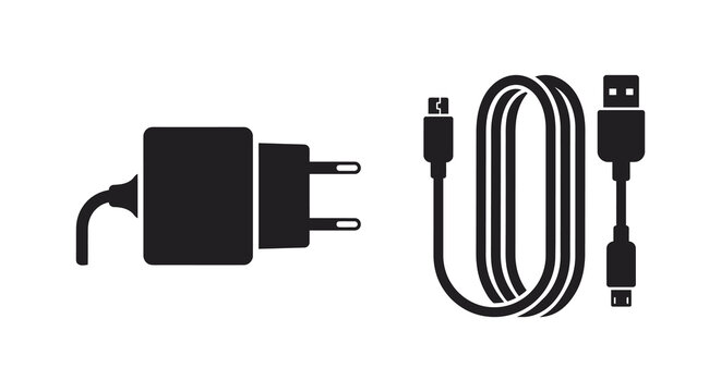 Power adapter and usb cable silhouette on a white background