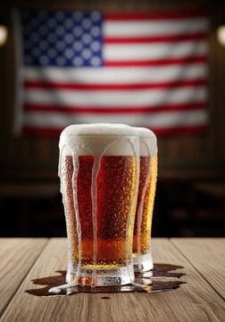 Two frosty beer glasses rest on a rustic wood surface with a patriotic red white and blue flag blurred in the background of a dim tavern, flag, glass, pub