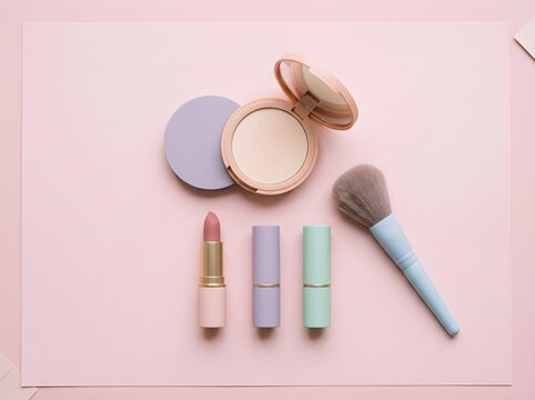 Pastel makeup flat lay with cosmetics on pink background