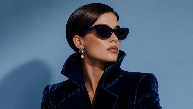Sophisticated fashion portrait of a woman wearing a dark blue velvet blazer, cat-eye sunglasses and gold earrings against a muted blue background. Ideal for fashion magazines, eyewear campaigns, luxur