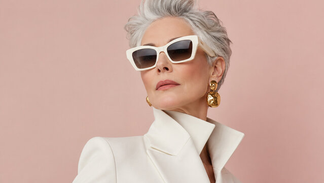 Elegant fashion portrait of a confident senior woman with silver hair, wearing a structured white blazer, white sunglasses and gold earrings against a soft pink background. Ideal for fashion magazines
