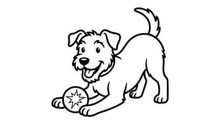 Obraz premium Cute dog playing bow pose with tennis ball. Friendly cartoon puppy wagging tail in playful stance ready for fetch.