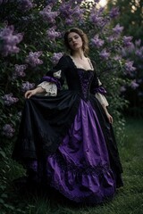 Fototapeta premium Young woman in historical black, purple baroque dress stands in spring garden near blooming lilac bushes. Lady with elegant outfit poses outdoors among flowers. Royalty style gown fashion aesthetic
