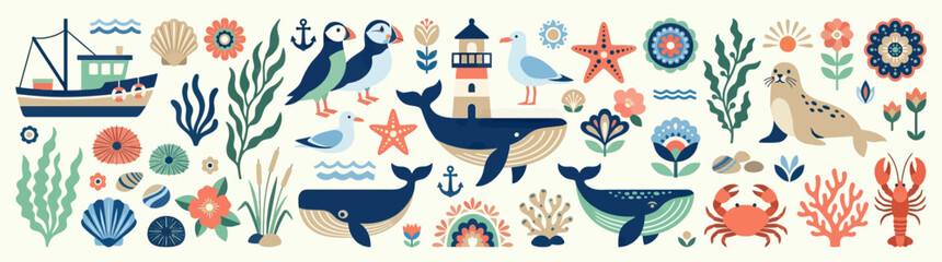 Obraz premium Nautical folk art pattern with whales, puffins, seals, crabs, lobsters, fishing boat, lighthouse, shells, and seaweed.