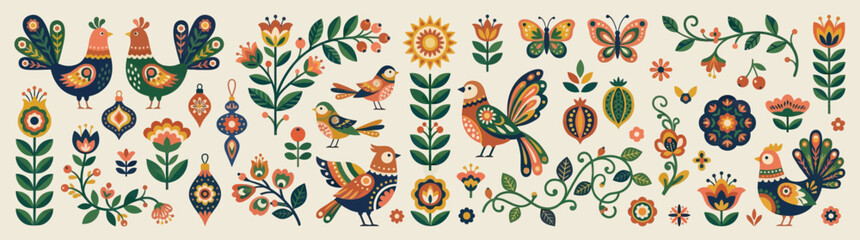 Fototapeta premium Folk Art Birds Flowers Butterflies Roosters Ornaments Seamless Pattern Background