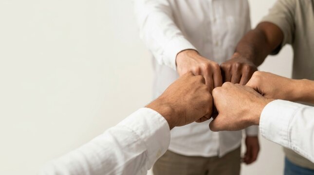Multiethnic team members performing a collective fist bump gesture to symbolize unity, collaboration, and shared success.