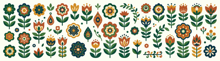 Folk Art Floral Pattern: Retro Scandinavian Flowers and Leaves Motif, Vector Illustration © Jery