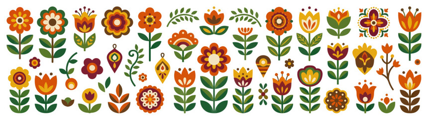 Folk Art Floral Vector Pattern Set - Scandinavian Folk Flowers and Leaves in Warm Earthy Tones © Jery