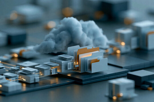 City landscape with buildings and cloud formation in a digital environment