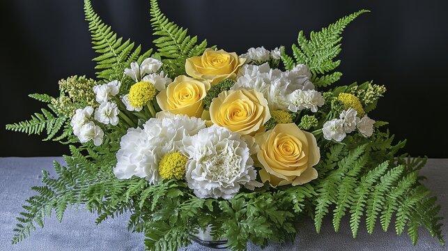 Vibrant floral arrangement with yellow roses and white peonies on dark background