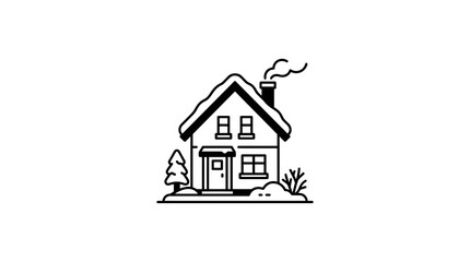 Fototapeta premium Cozy Winter Cabin Icon with Snow and Smoke from Chimney, Simple Line Art