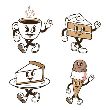 Four cheerful cartoon food characters including a coffee cup cake slice pie slice and ice cream cone dancing with joy isolated on white background