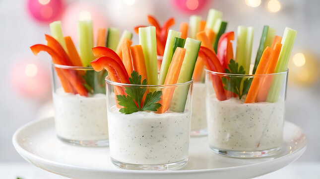 Fresh vegetable sticks of carrots, celery, and red bell peppers in glasses with creamy dip on a white cake stand against a blurred light background