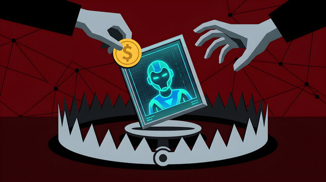 Robot avatar framed in a digital display panel is positioned above a lethal mechanical trap.