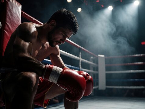 Muscular boxer sits in corner on boxing ring canvas. Fighter rests hands on knees, wearing red gloves and shorts. Intense smoky atmosphere with spotlights above.
