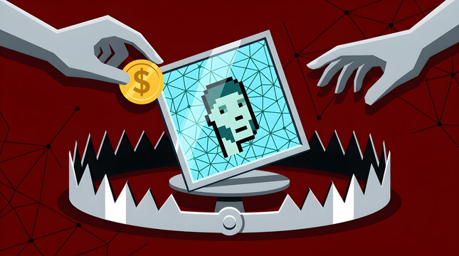 Bear trap baited with a digital avatar portrait illustrates the risks of investing in suspicious online assets or internet personalities.