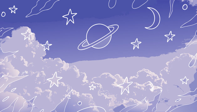 Hand Drawn Space Pattern With Planet and Stars on Blue Sky Background