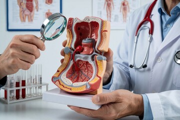 Naklejka na ściany i meble Doctor holds anatomical penis model, uses magnifying glass in clinic office. Pro urologist examines male reproductive system model for patient consultation. Medical expert analyzes human anatomy