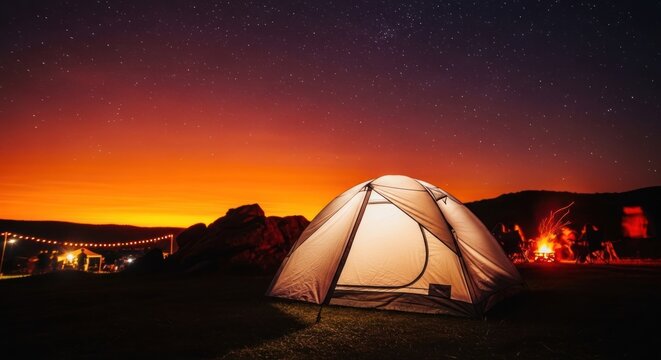 Illuminated camping tent under a vibrant starry night sky with distant campfire glow.