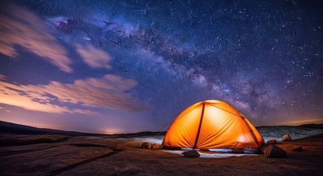 Illuminated camping tent under a vibrant starry night sky with the Milky Way galaxy visible.