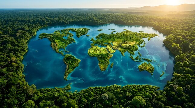 Aerial view of a world map shaped lake surrounded by lush green rainforest environmental concept art