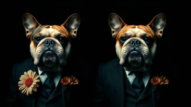 Side-by-side stereogram 3D render of a French Bulldog wearing a black suit with a flower boutonniere