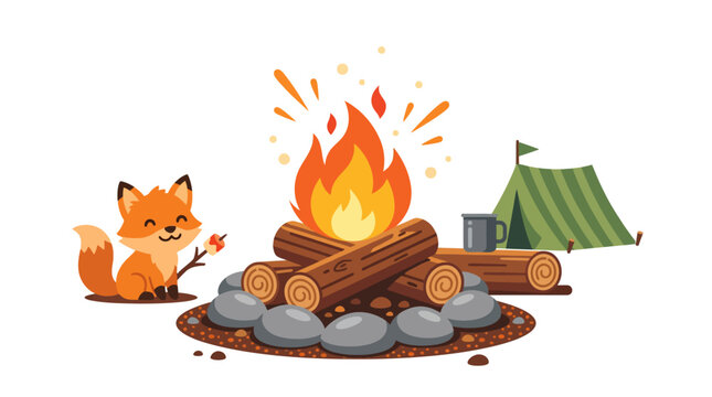 Cute fox roasting marshmallow over a campfire by tent.