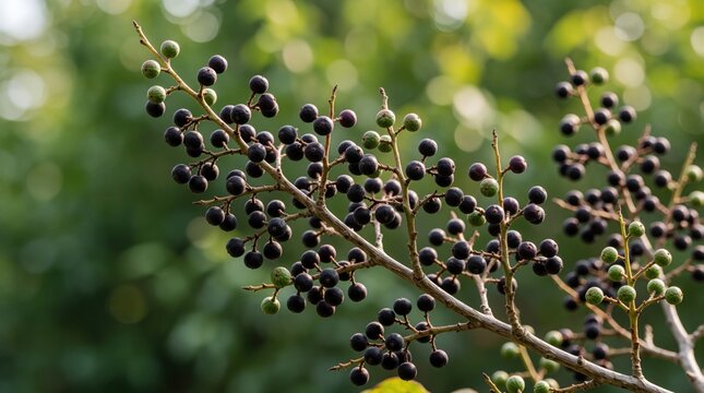 Amur cork tree branch with small dark berries in summer forest. Phellodendron amurense plant produces medicinal fruit clusters on twig. Nature botanical background with selective focus on ripening