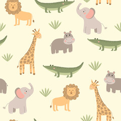 Naklejka premium Seamless pattern with cute African animals. Elephant, lion, giraffe, crocodile and hippopotamus. Vector illustration for clothing, fabric, wrapping paper, wallpaper or textile.