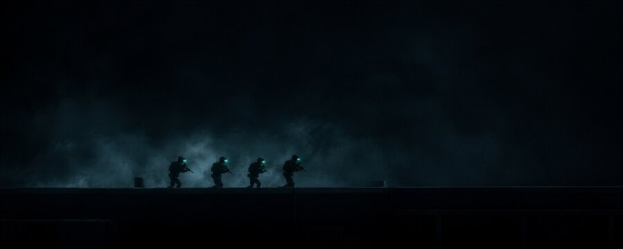 Soldiers walking on rooftop with night vision goggles at night. Special force team in tactical gear moving in haze.