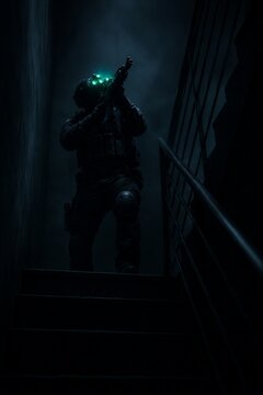 Soldier in tactical gear with night vision device holding rifle on staircase. Special forces operator in dark environment during night mission.