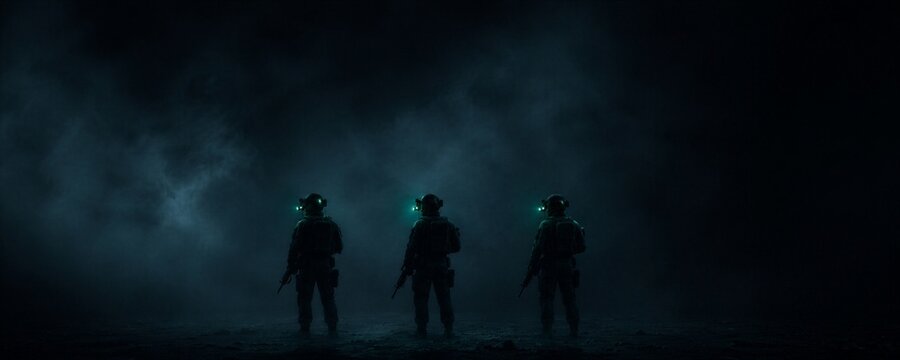 Soldiers in tactical gear with night vision device walking through dark smoke. Team of military men on stealth mission. Combat unit reconnaissance operation at night.