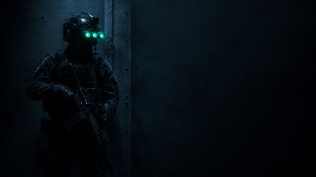Soldier in tactical gear with night vision goggles standing in dark room. Elite military special forces man holding rifle in shadow. Danger and covert operation mission concept.
