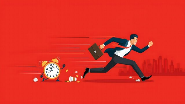Workplace productivity and deadline management visualization featuring businessman outrunning alarm clock representing effective scheduling and professional success strategy goals