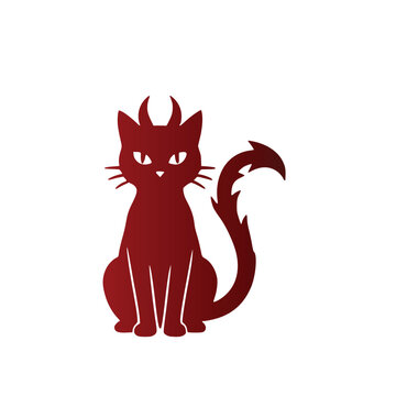 Spooky dark red Halloween silhouette featuring a creepy black cat with evil devil horns and a pointed tail vector graphic design element for fall decor