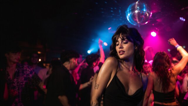 Woman dancing on nightclub dance floor under disco ball. Young girl enjoying music and nightlife at party in club.
